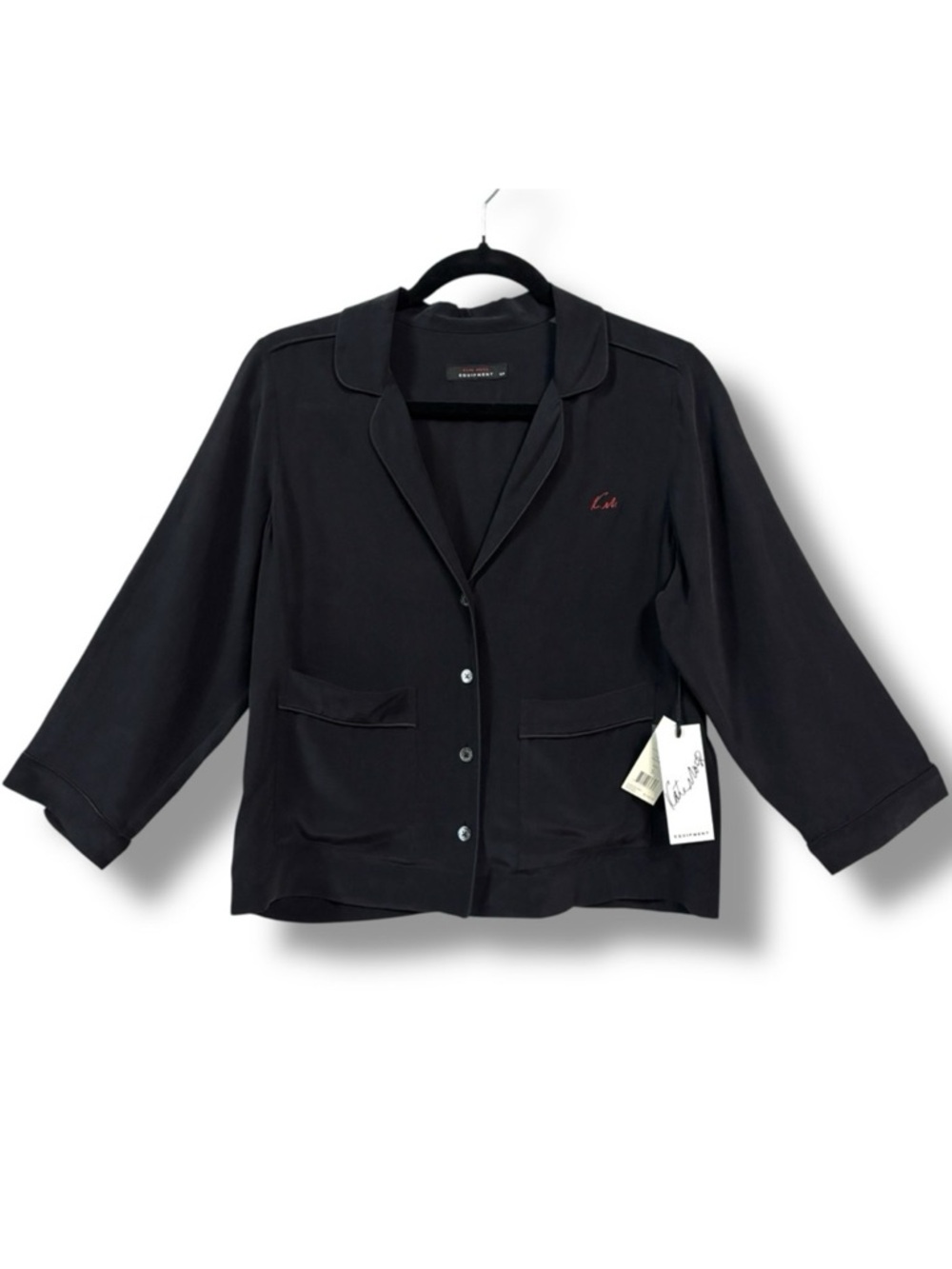 Equipment Kate Moss Lake Black Silk Pajama Style Button Front Top Size S NWT